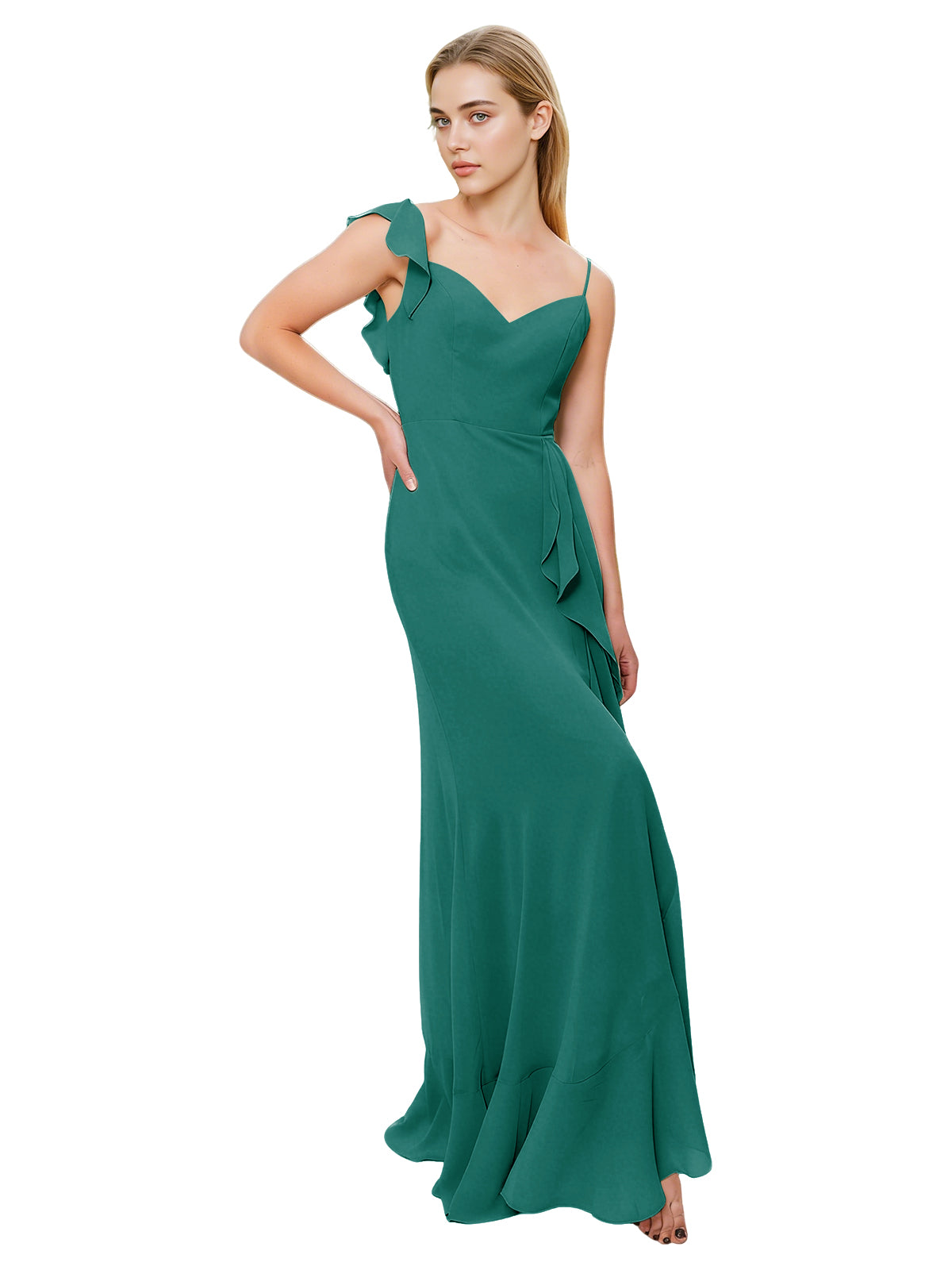 V-Neck Ruffle Strap Bridesmaid Dress with Cascading Chiffon Dress