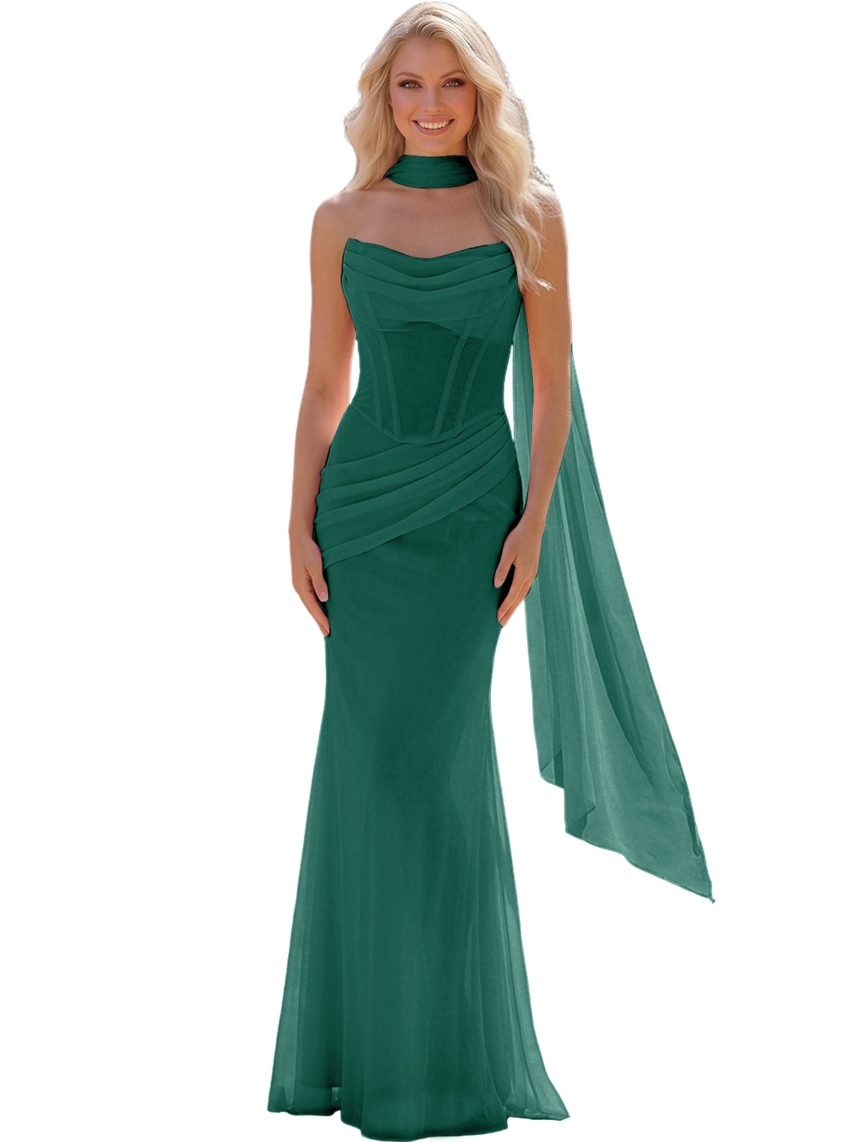 Strapless Chiffon Bridesmaid Gown with Sheer Boned Bodice, Ruched Waist and Scarf