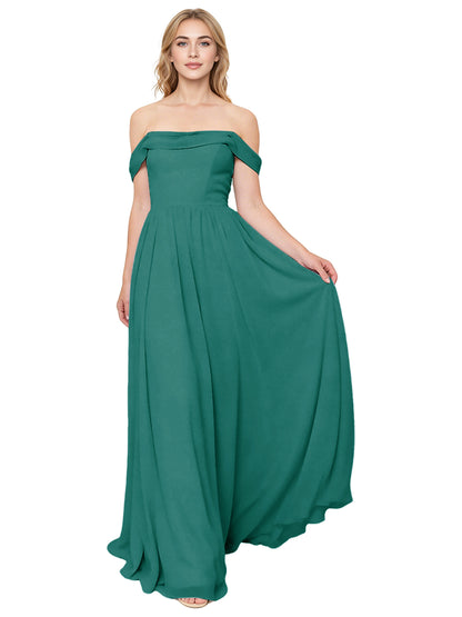 Off Shoulder Pleated Chiffon Bridesmaid Dress with Flowing A-Line Dress