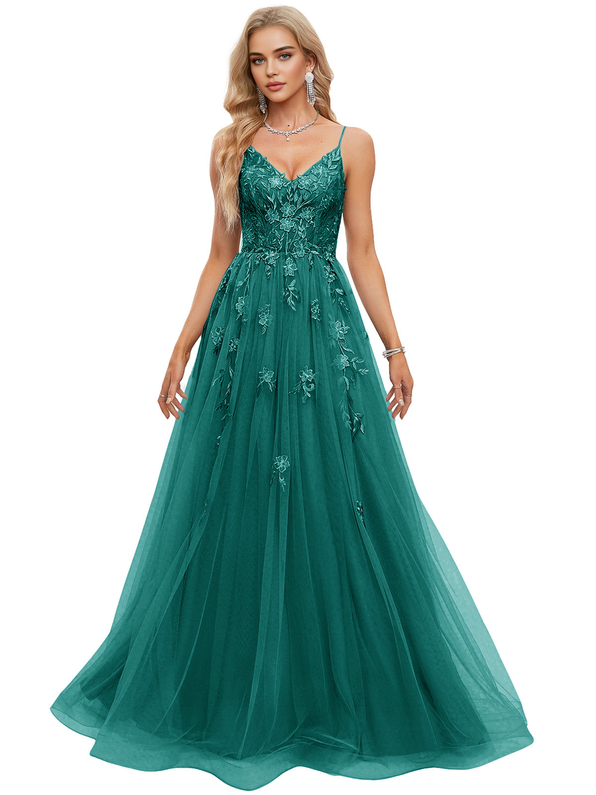 Beaded Bodice Tulle Ball Gown Prom Dress with Spaghetti Straps