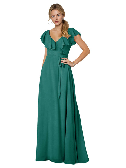 Tie Neck Chiffon Bridesmaid Dress with Flutter Sleeves