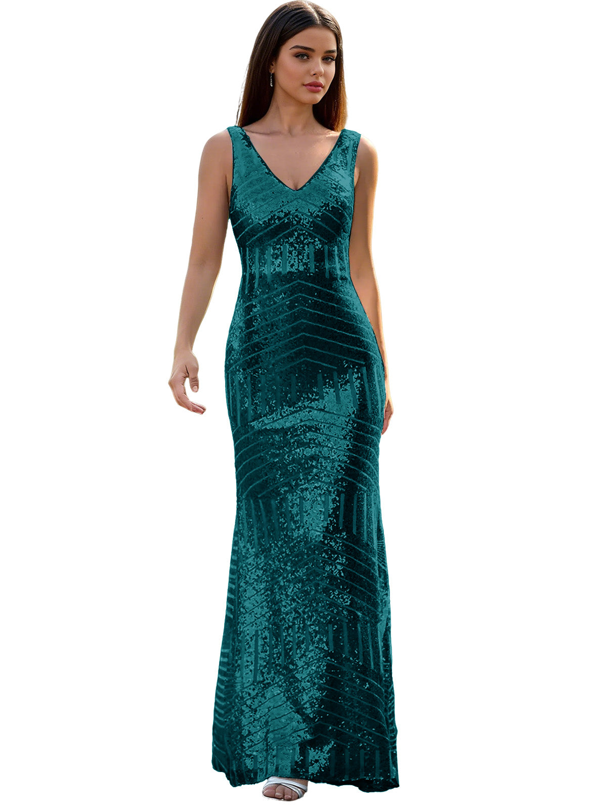 V-Neck Sequin Column Prom Dress with Beaded Waist and Low Back