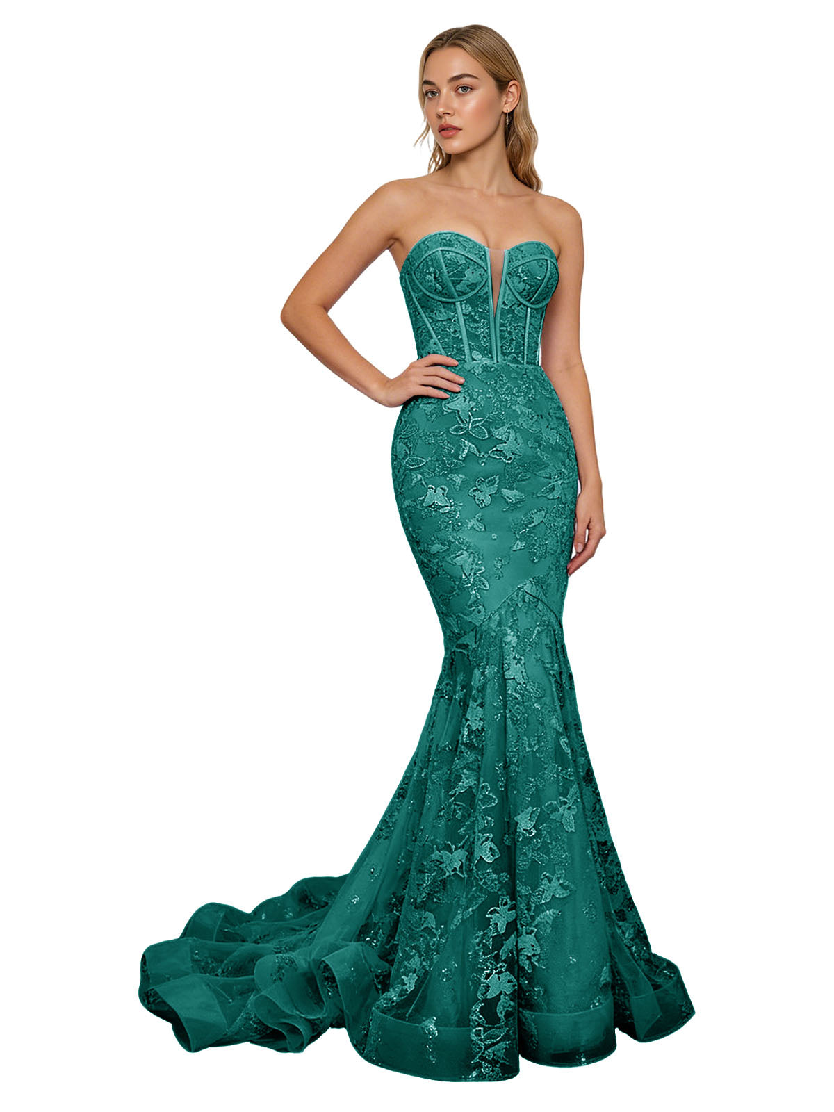 Strapless Lavender Lace Mermaid Prom Dress with Sheer Corset and Train