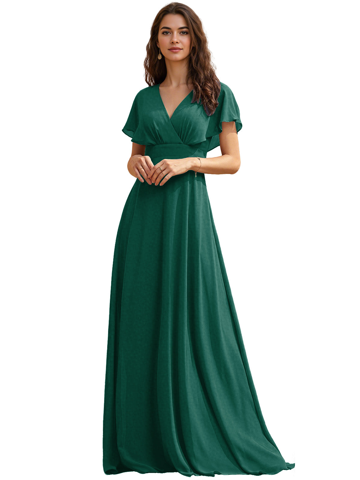 Flutter Sleeve V-Neck Chiffon Bridesmaid Dress with Flowing dress