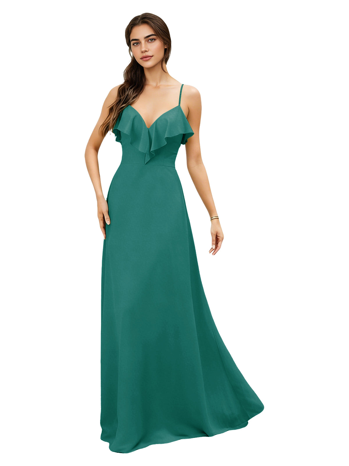 Ruffle V-Neck Chiffon Bridesmaid Dress with Spaghetti Straps
