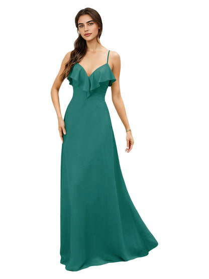 Ruffle V-Neck Chiffon Bridesmaid Dress with Spaghetti Straps