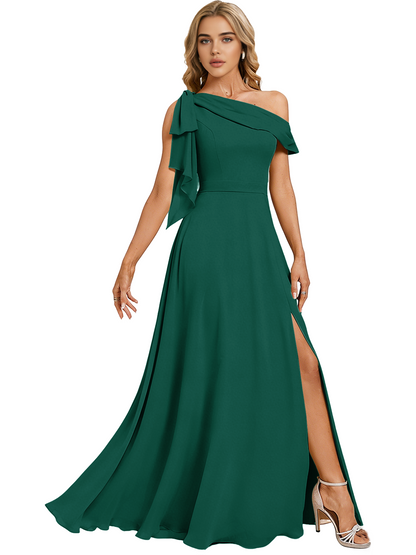Asymmetric Off Shoulder Bridesmaid Dress with Draped Sleeve and Slit