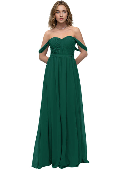 Off Shoulder Sweetheart Chiffon Bridesmaid Dress with Ruched Bodice