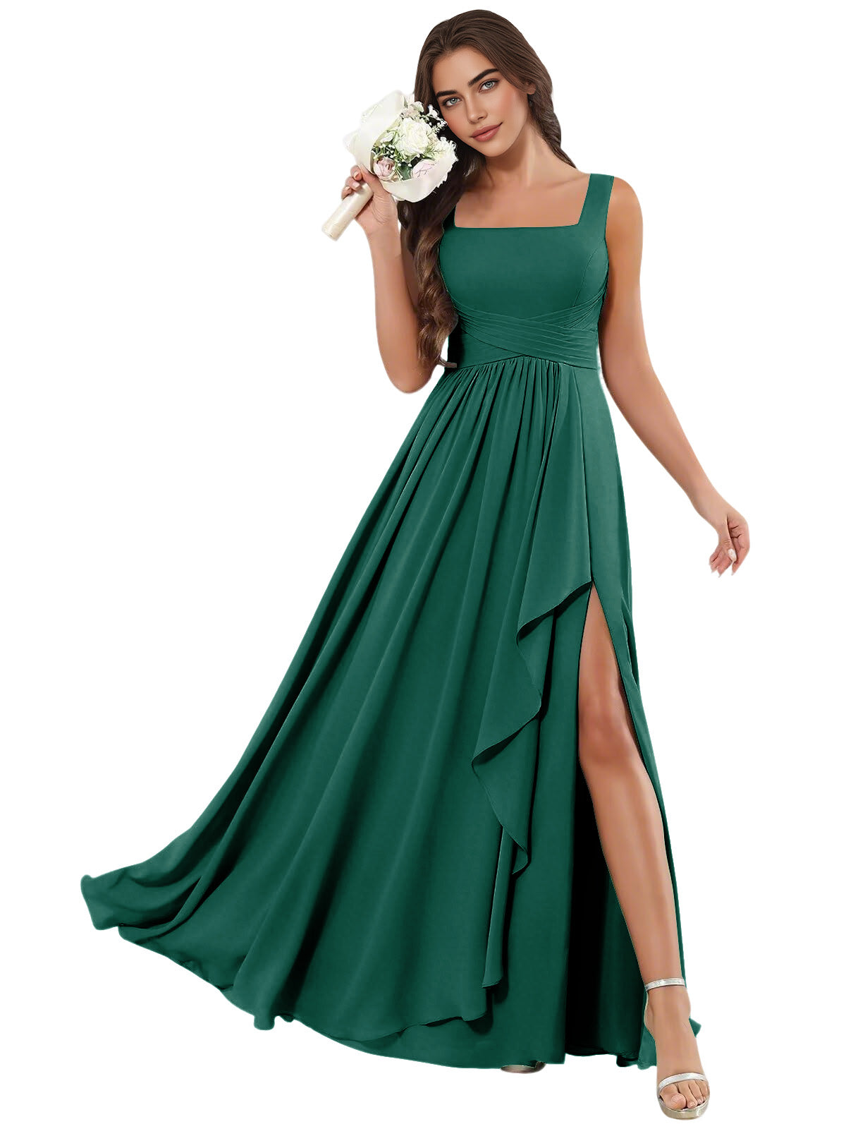 Square Neck Chiffon Bridesmaid Dress with Corset Back and Slit