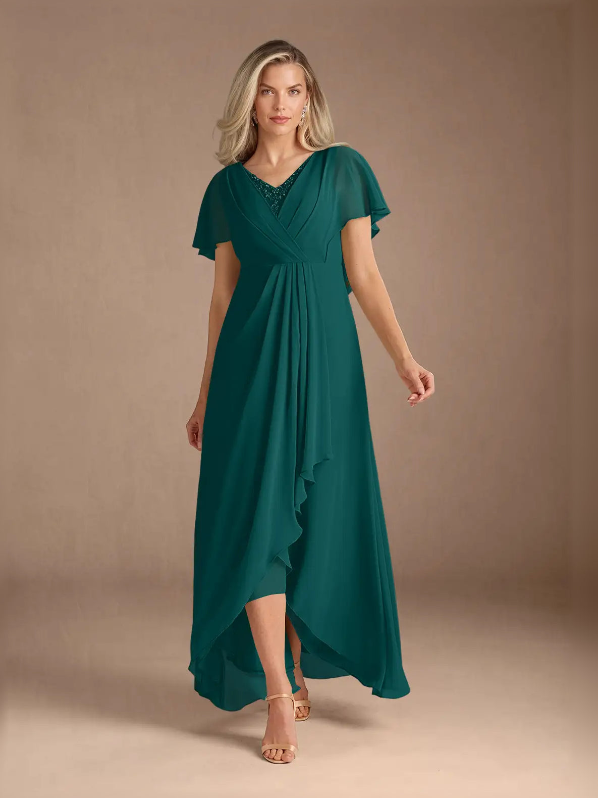 Pleated Draped Ruffled V Neck A-Line High-Low Chiffon Mother of the Bride Dress for Reception Dinner
