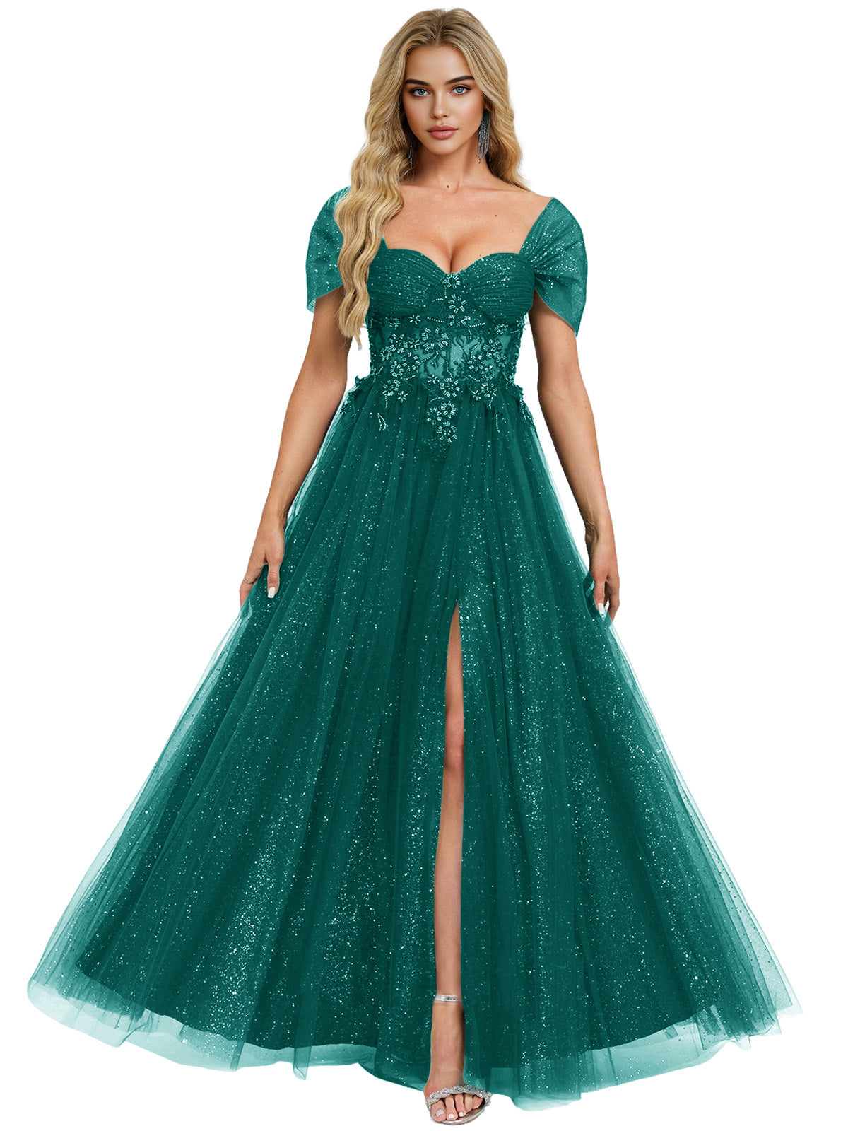 Short Sleeve Glitter Tulle Prom Dress with Illusion Bodice and Slit