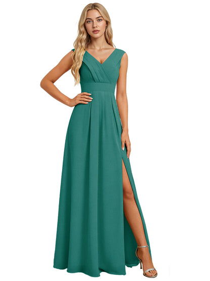 Surplice V-Neck Chiffon Bridesmaid Dress with A-Line Slit dress