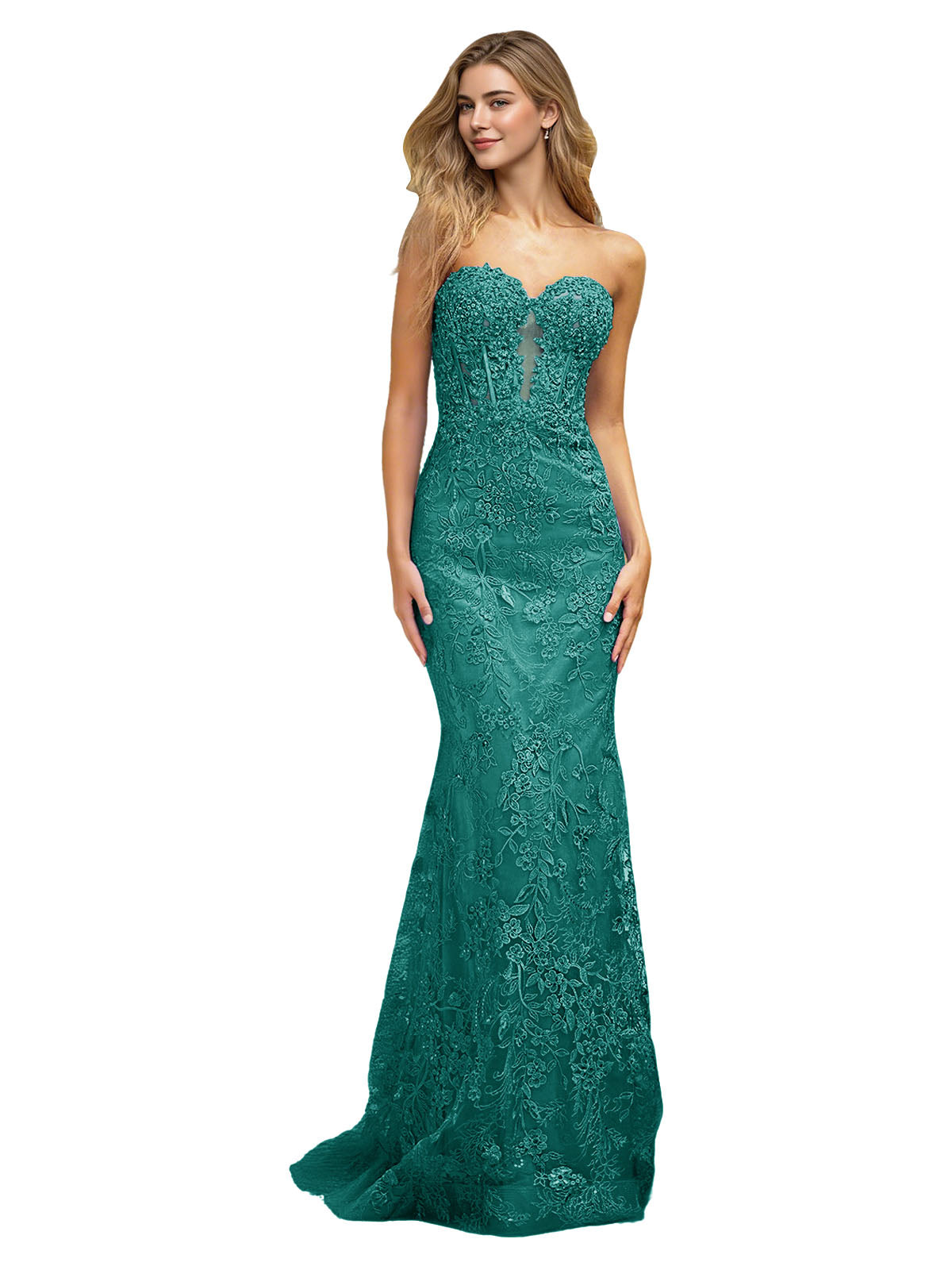 Strapless Floral Lace Mermaid Prom Dress with Sparkle Applique and Train