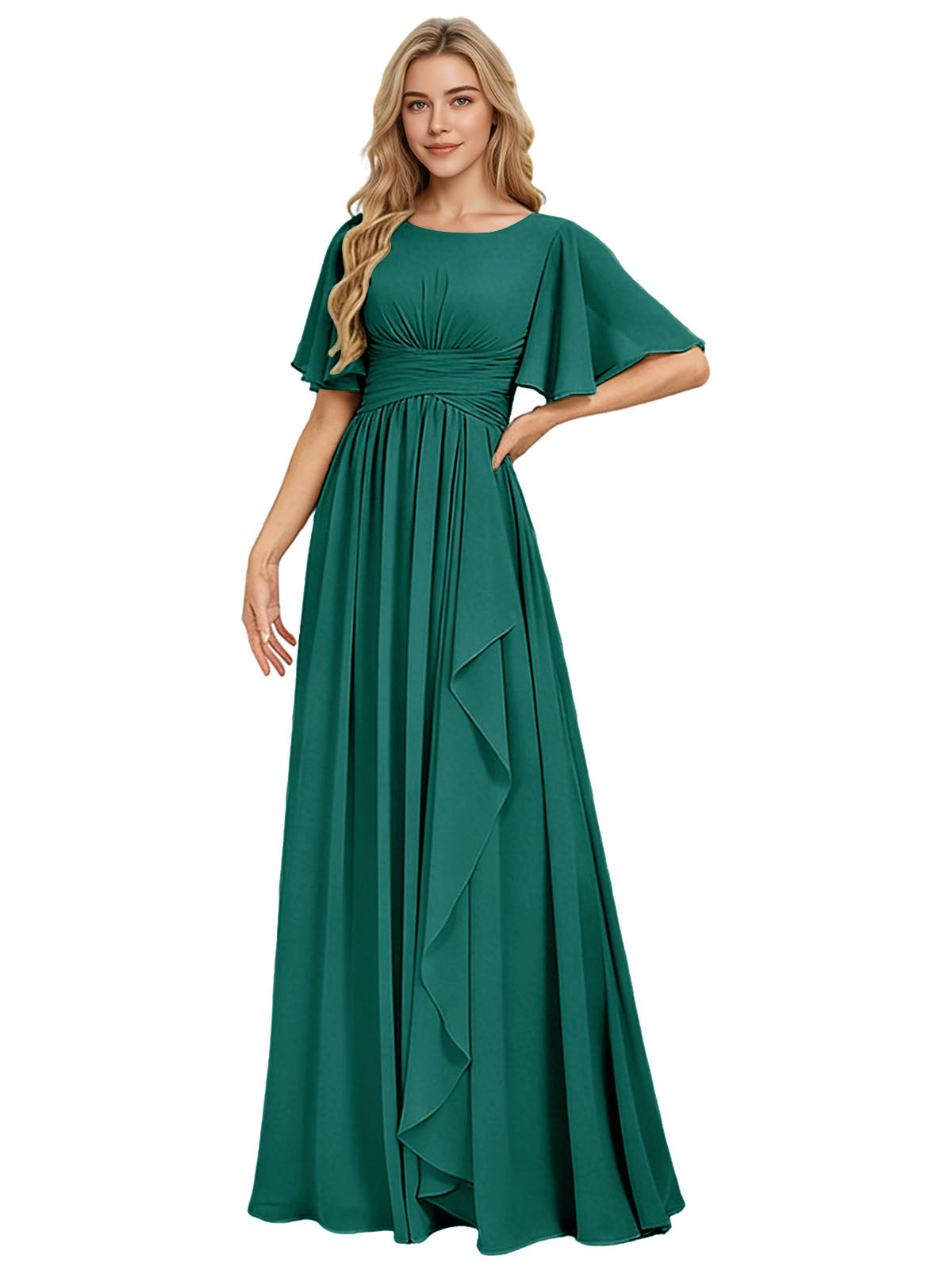 Flutter Sleeve Chiffon Bridesmaid Dress with Tiered Front Ruffle