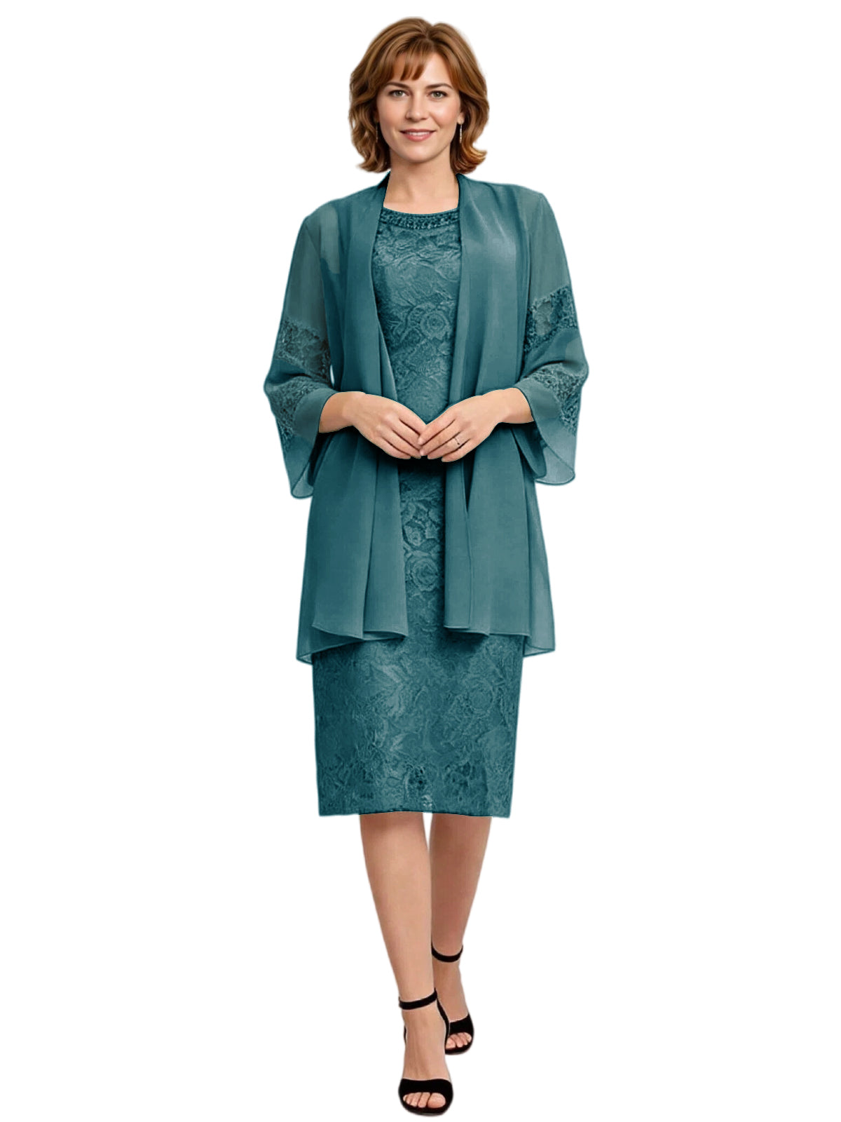 Mother of the Bride Dress with Jacket Knee Length Lace Formal Wedding Guest Outfit