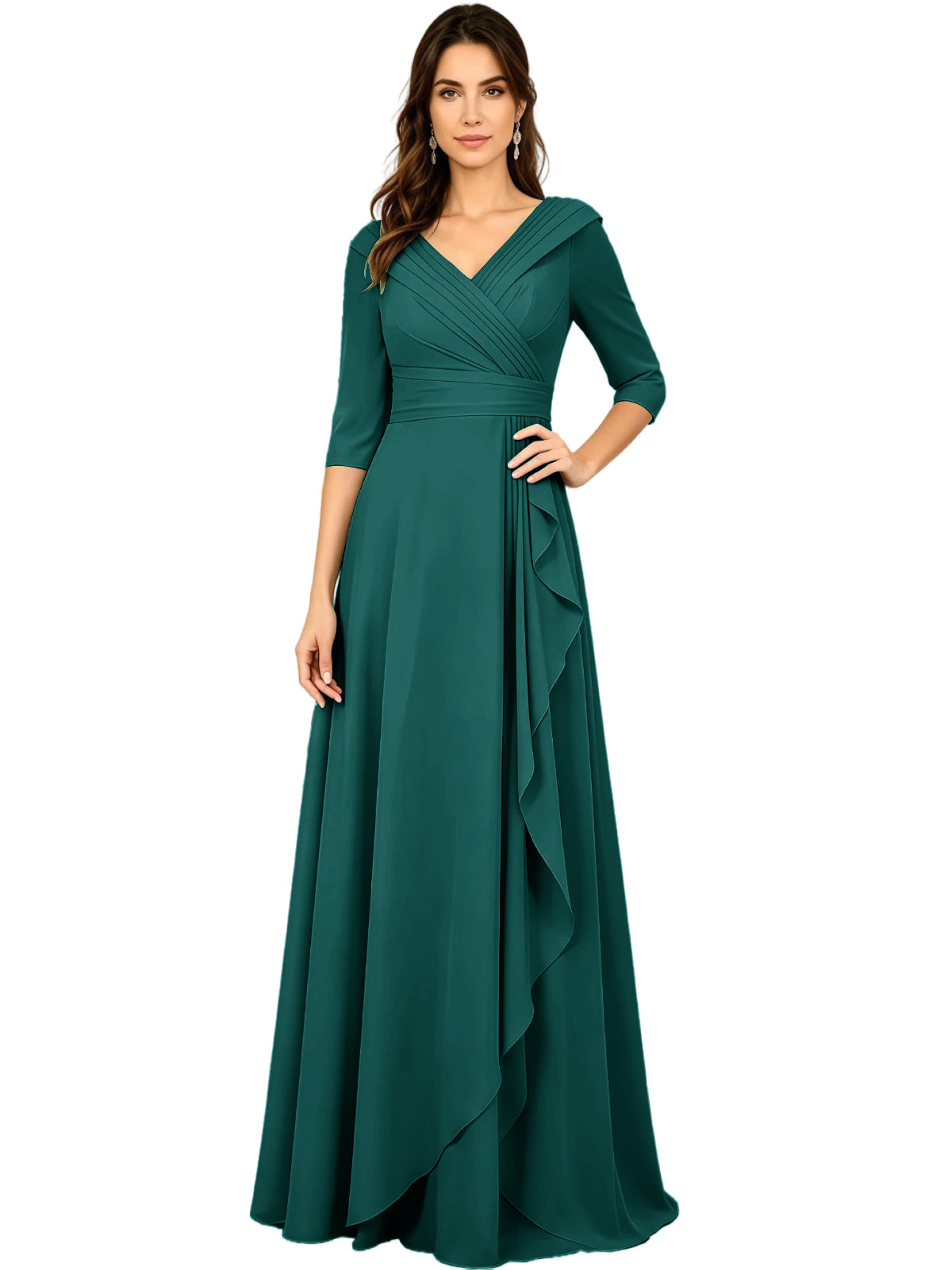 Long V-Neck Mother of the Bride Dress Chiffon Half Sleeve A-Line Gown with Side Ruffle