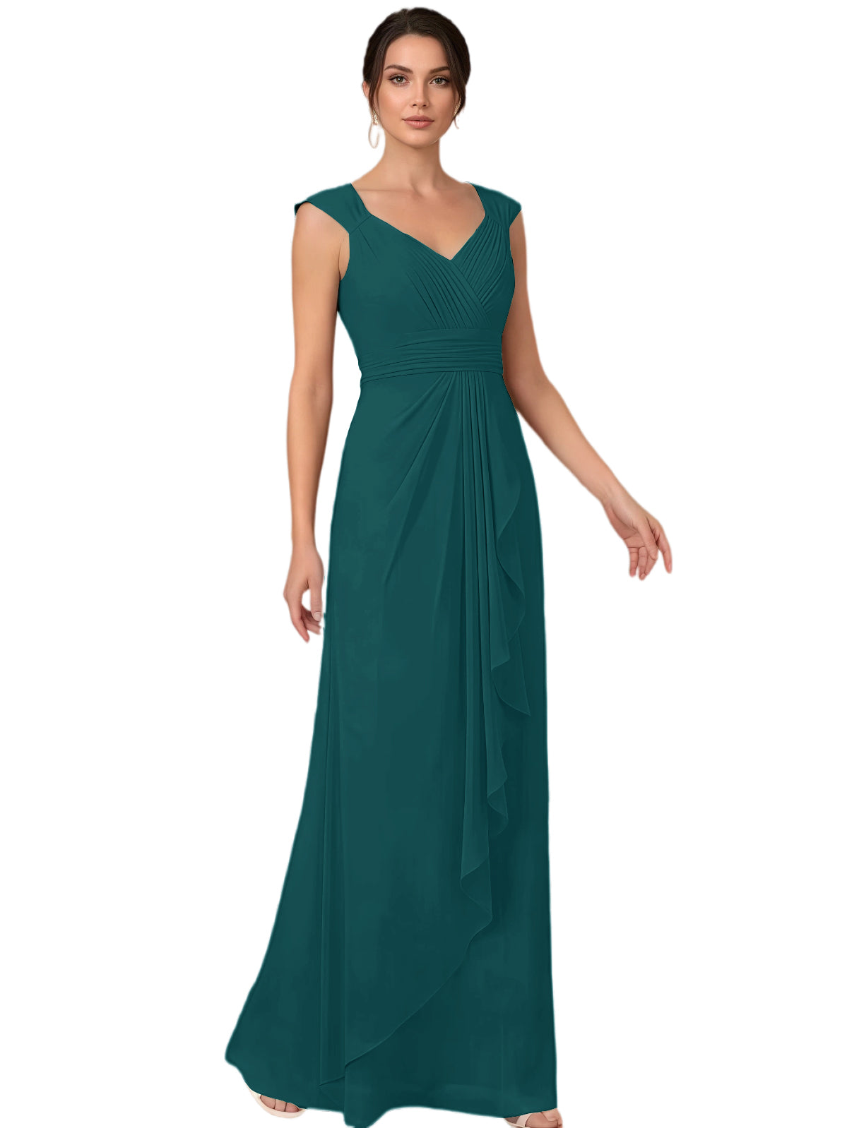 Mother of the Bride Dress Long Sleeveless V-Neck Chiffon Formal Gown with Ruffle Detail