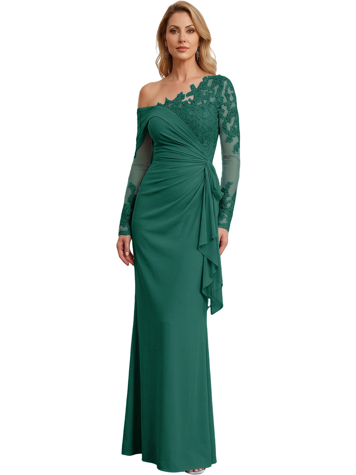 One Shoulder Mother of the Bride Gown Long Lace Sleeve Mermaid Dress with Draped Ruffle