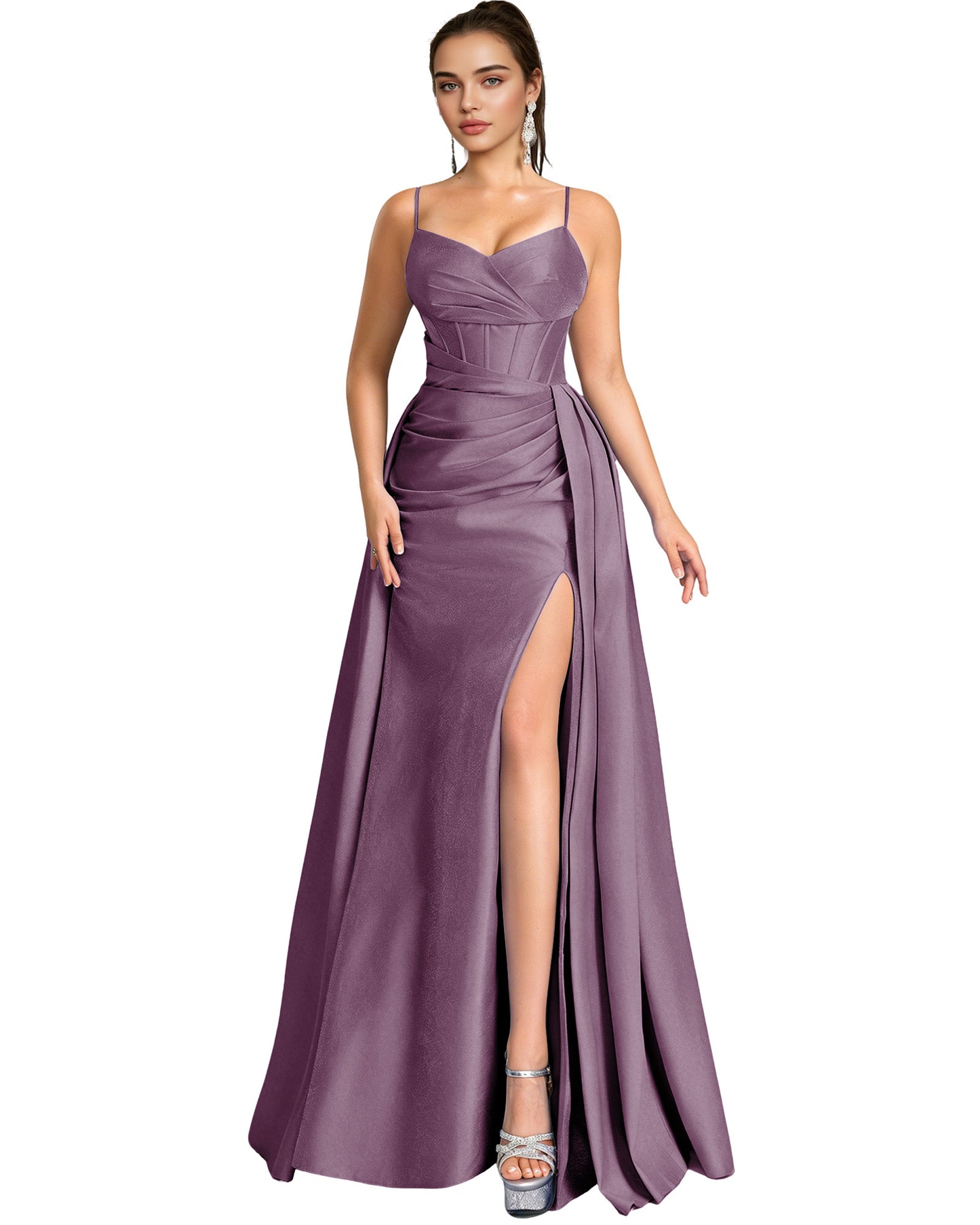 One Shoulder Satin A-Line Prom Dress with Wrap Bodice and Side Slit