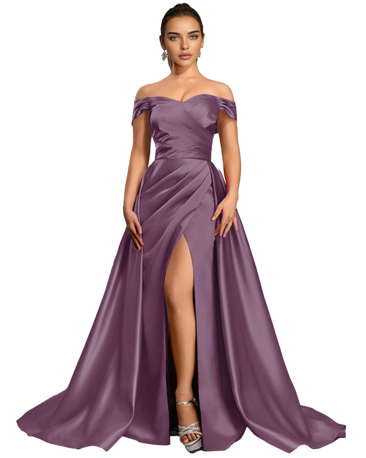 Off Shoulder Satin Ball Gown Prom Dress with Draped Bodice and Slit