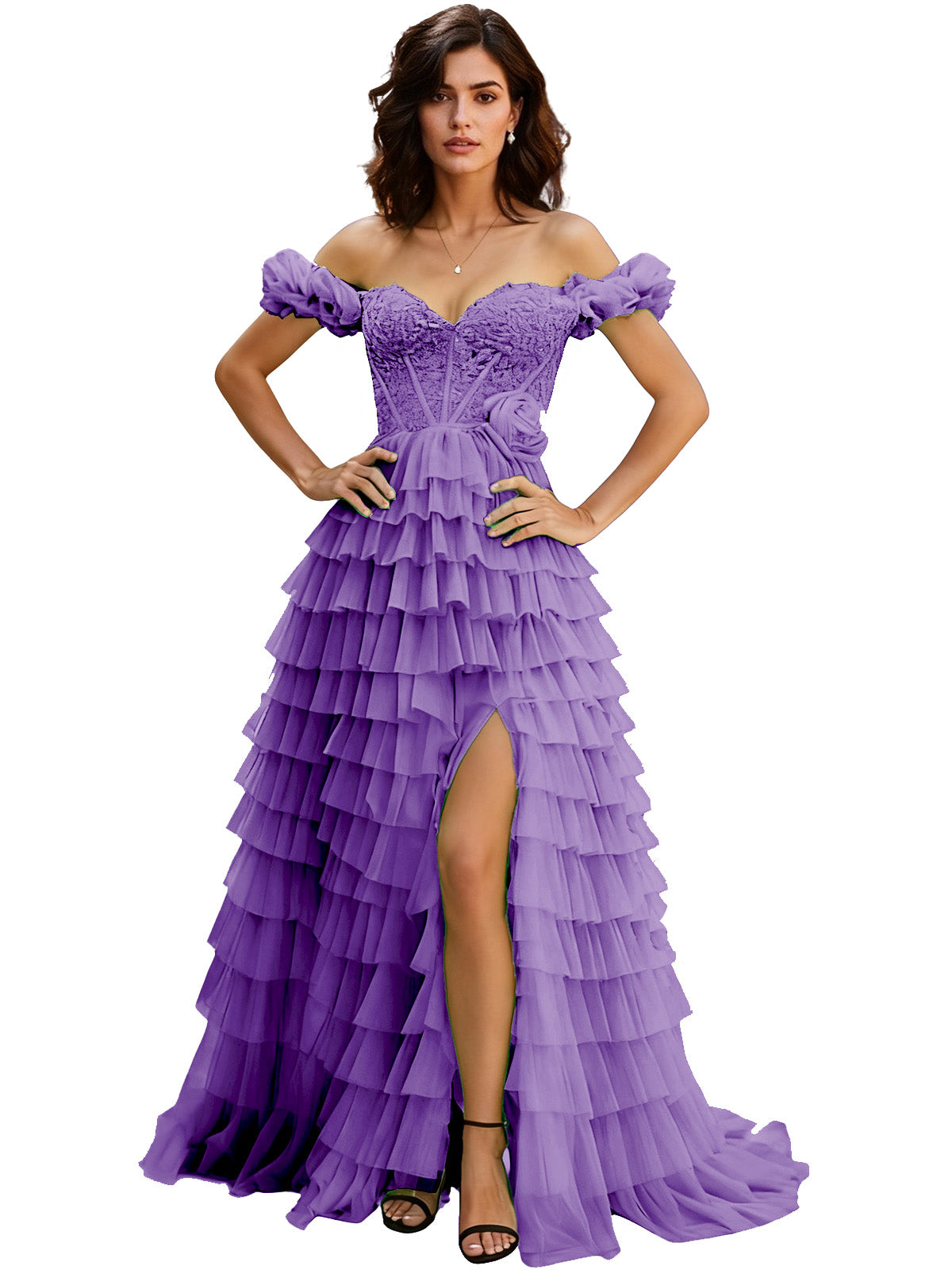 Off Shoulder Tulle Ball Gown Prom Dress with Ruffle Sleeves and Slit