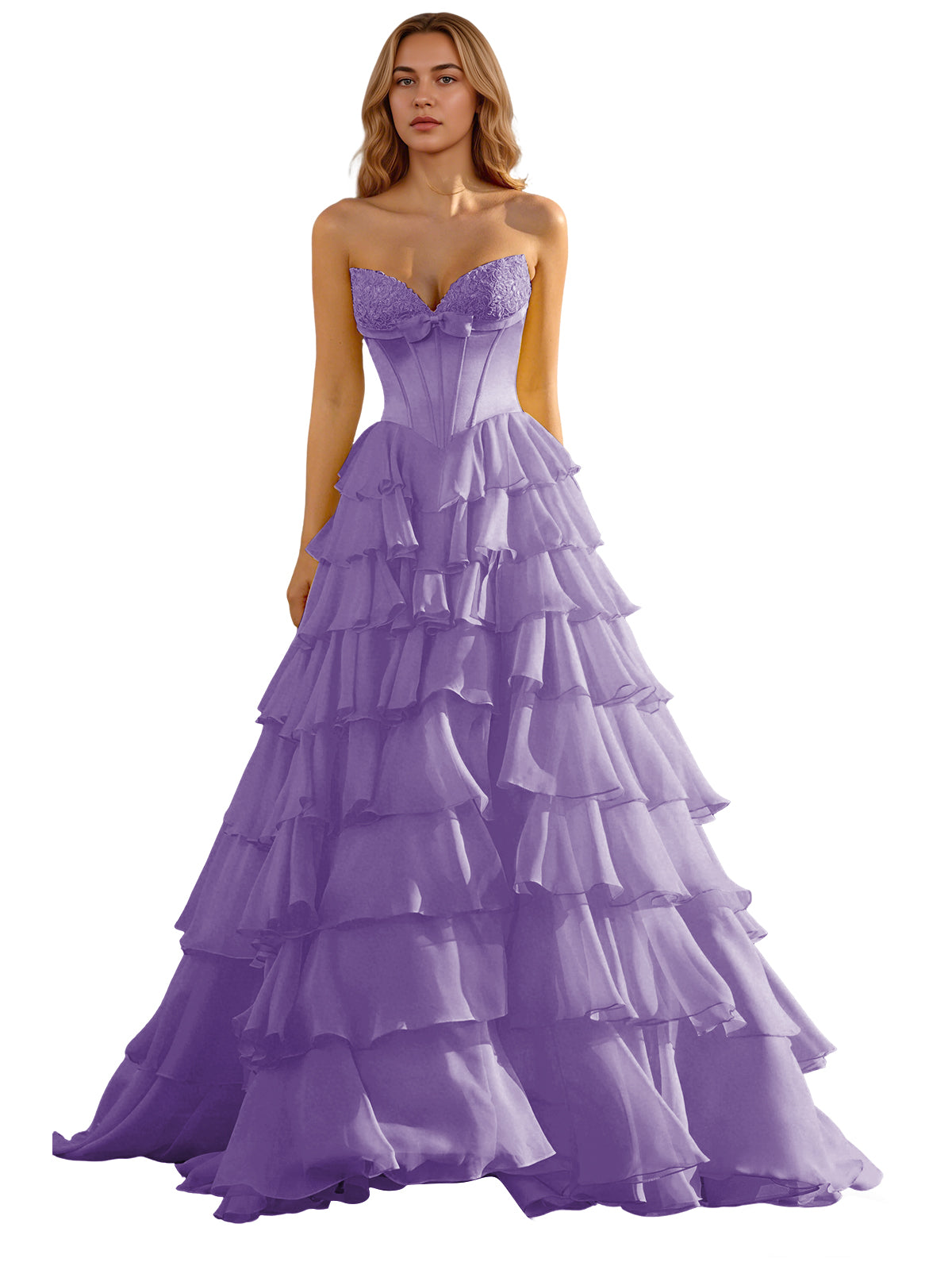 Strapless Tiered Organza Ball Gown Prom Dress with Corset Top