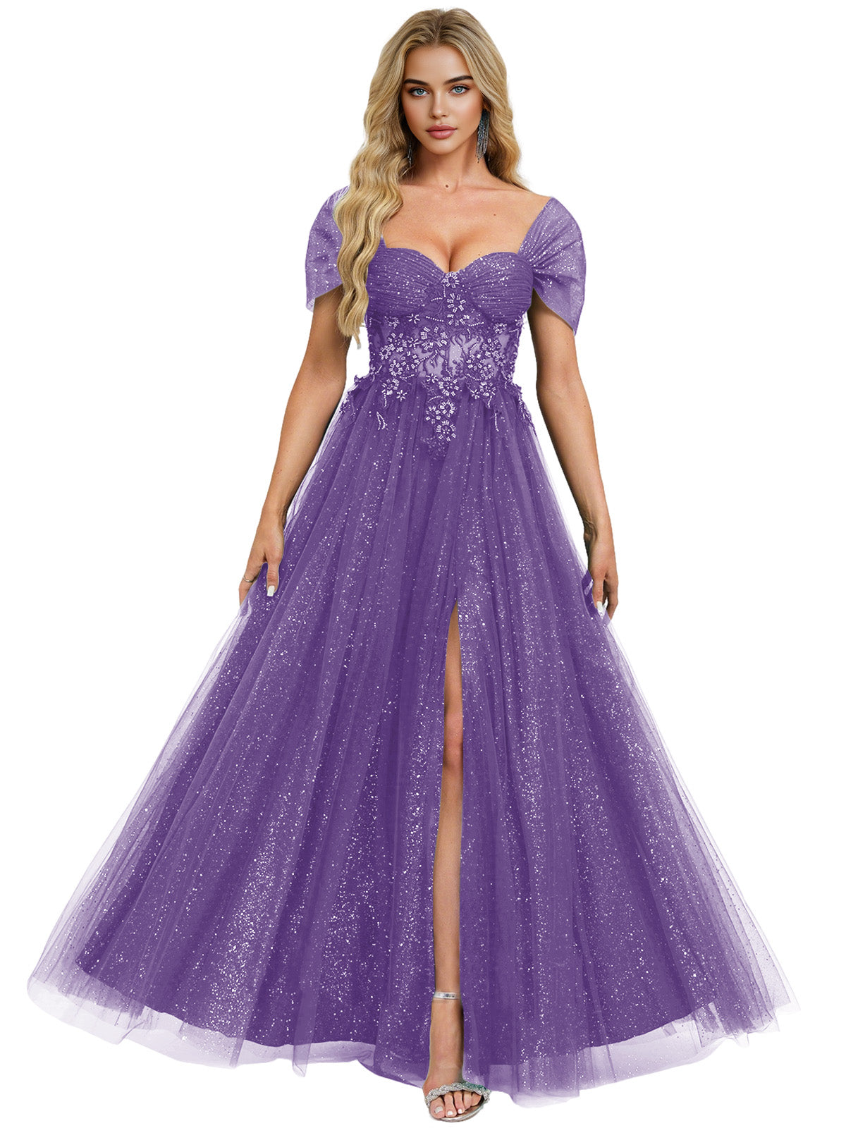 Short Sleeve Glitter Tulle Prom Dress with Illusion Bodice and Slit