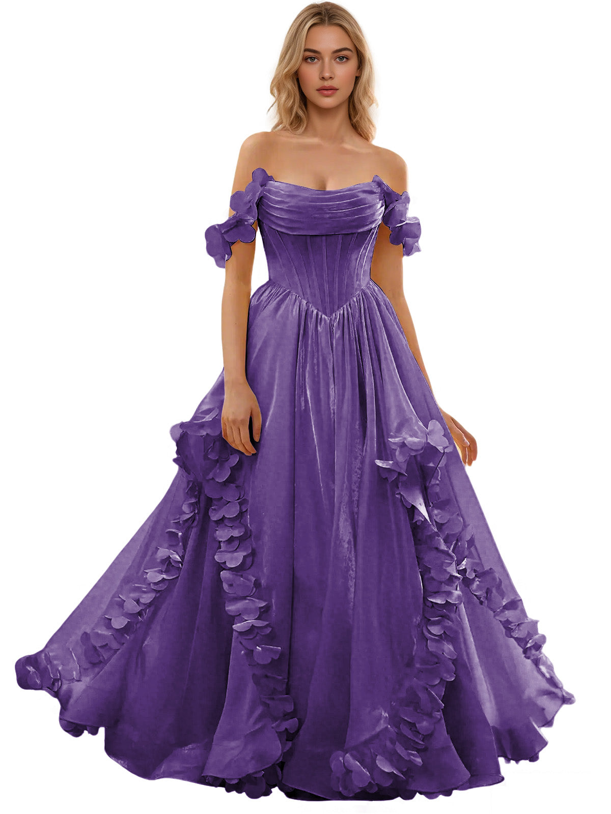 Off Shoulder Ruffle Tulle Ball Gown Prom Dress with Floral Applique