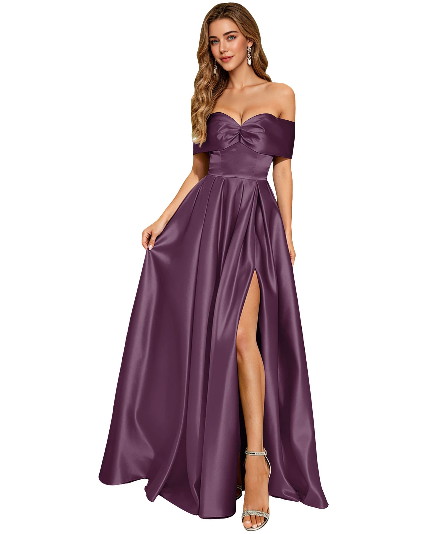 Strapless Bow Satin A-Line Prom Dress with Pleated Bodice and Slit