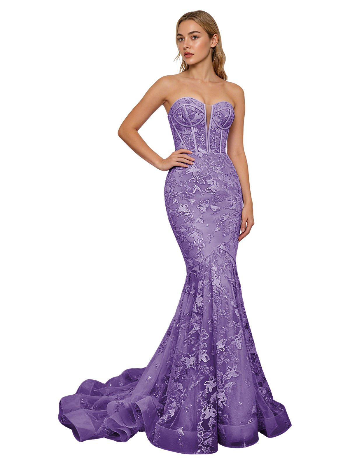 Strapless Lavender Lace Mermaid Prom Dress with Sheer Corset and Train