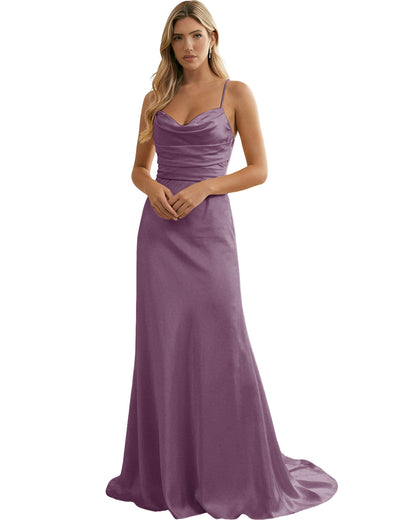 Spaghetti Straps Ruched Satin Floor Length Bridesmaid Dress