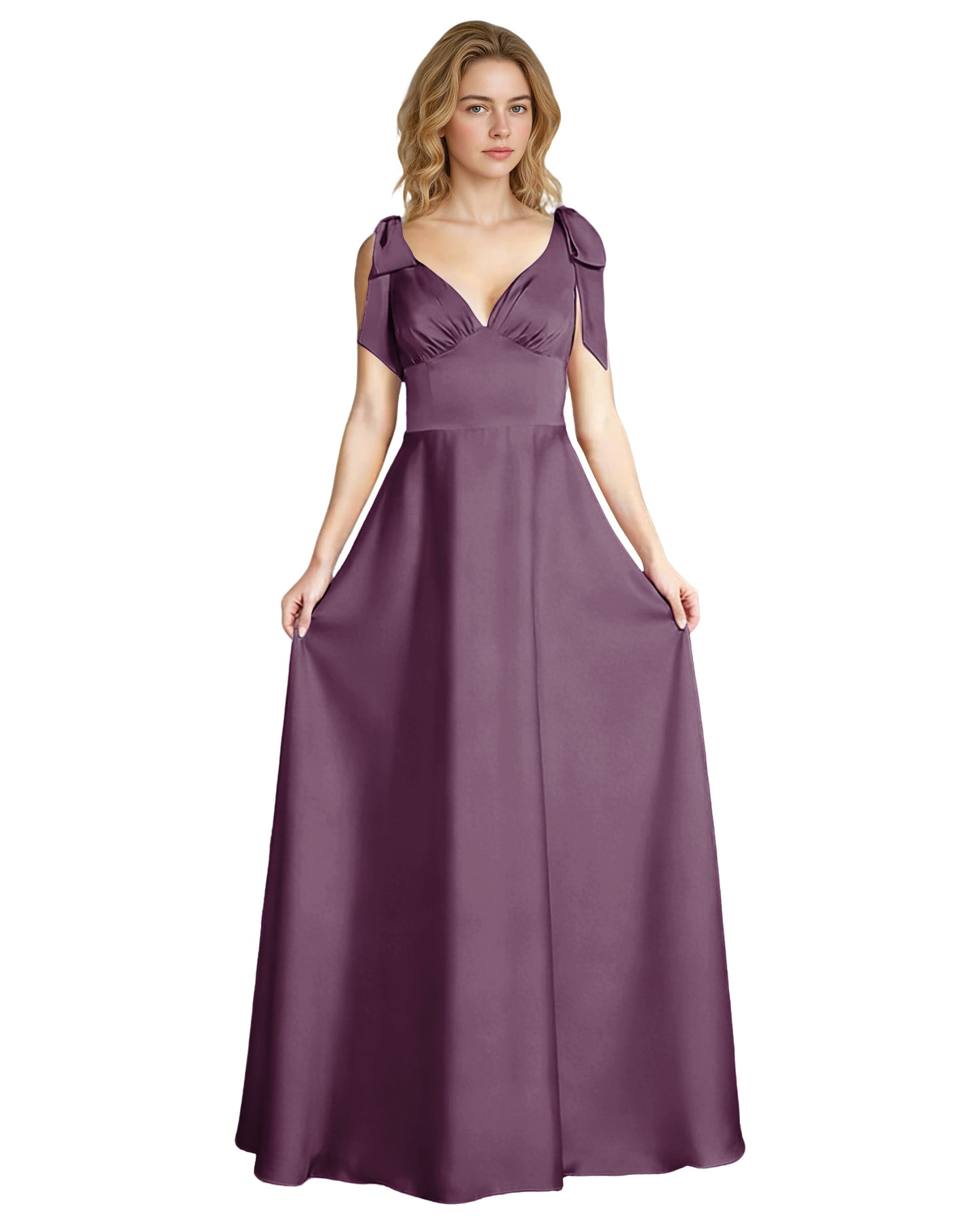 V-Neck Bow Strap Satin Bridesmaid Dress with Empire Waist