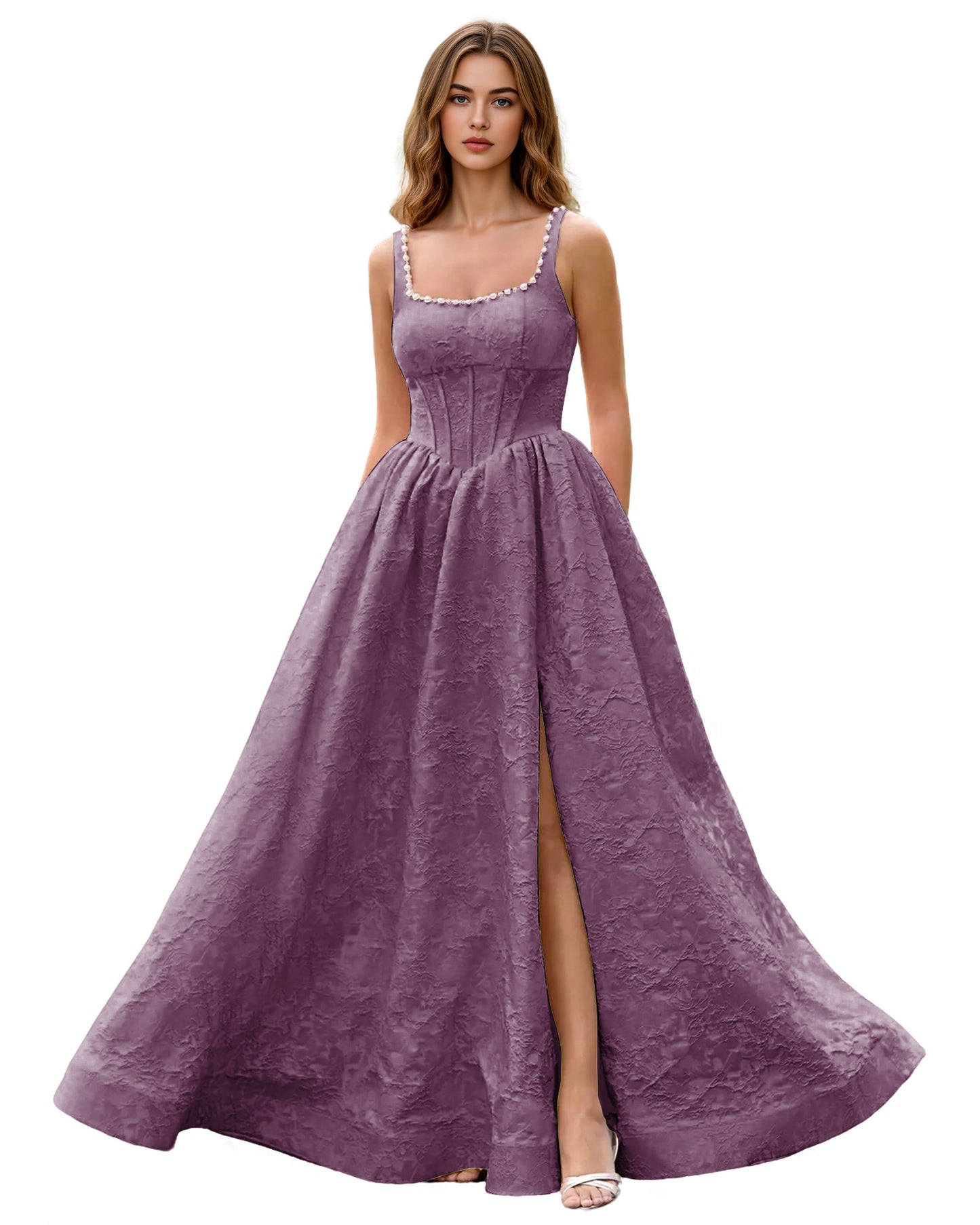 Square Neck Jacquard Ball Gown Prom Dress with Wide Straps and Pockets