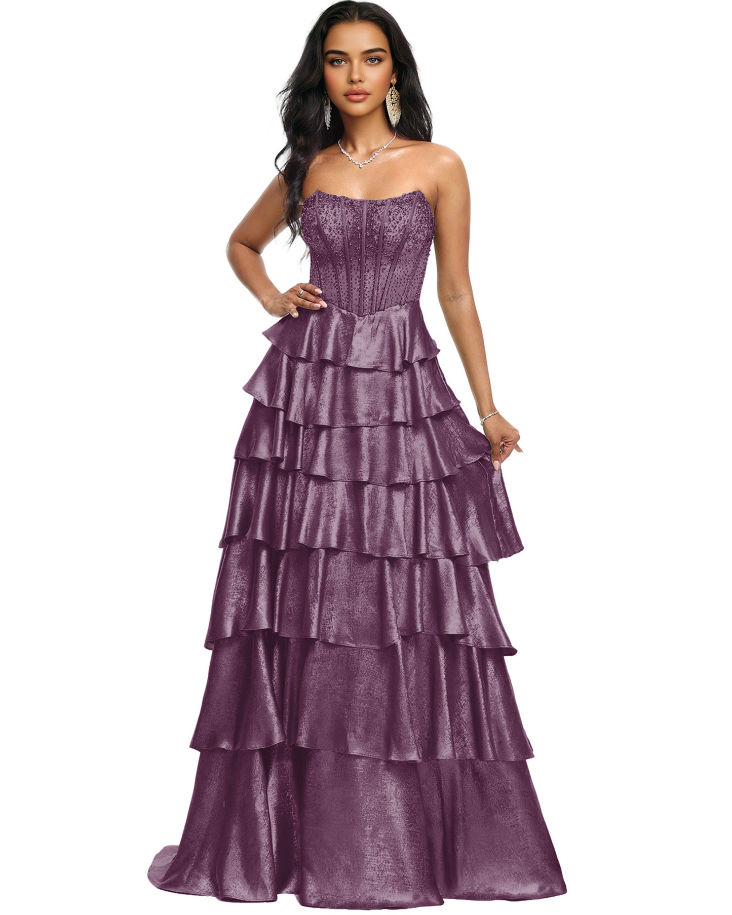 Strapless Tiered Sequin A-Line Prom Dress with Ruffle Layers