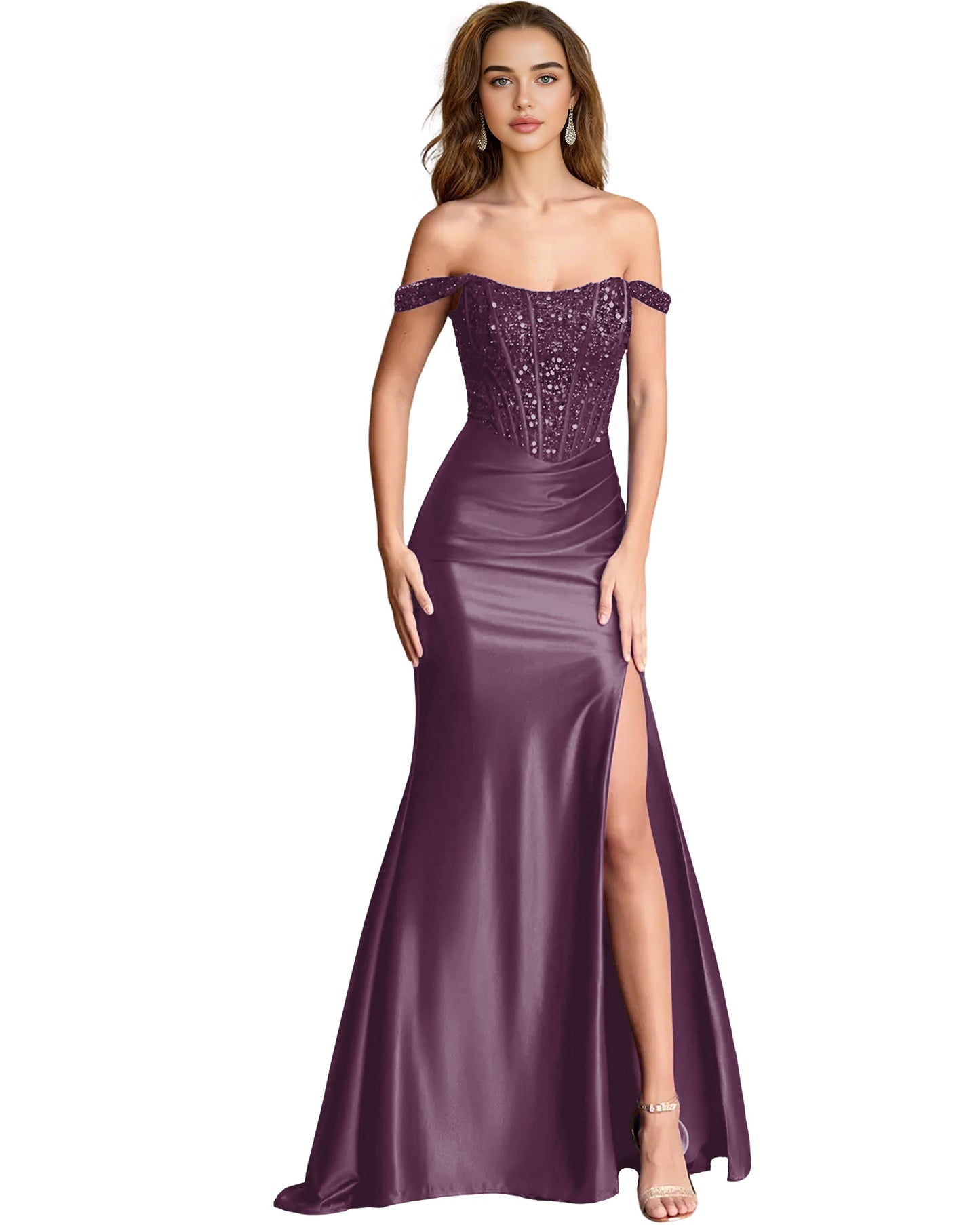 Off Shoulder Sequin Satin Mermaid Dress with Draped dress Slit