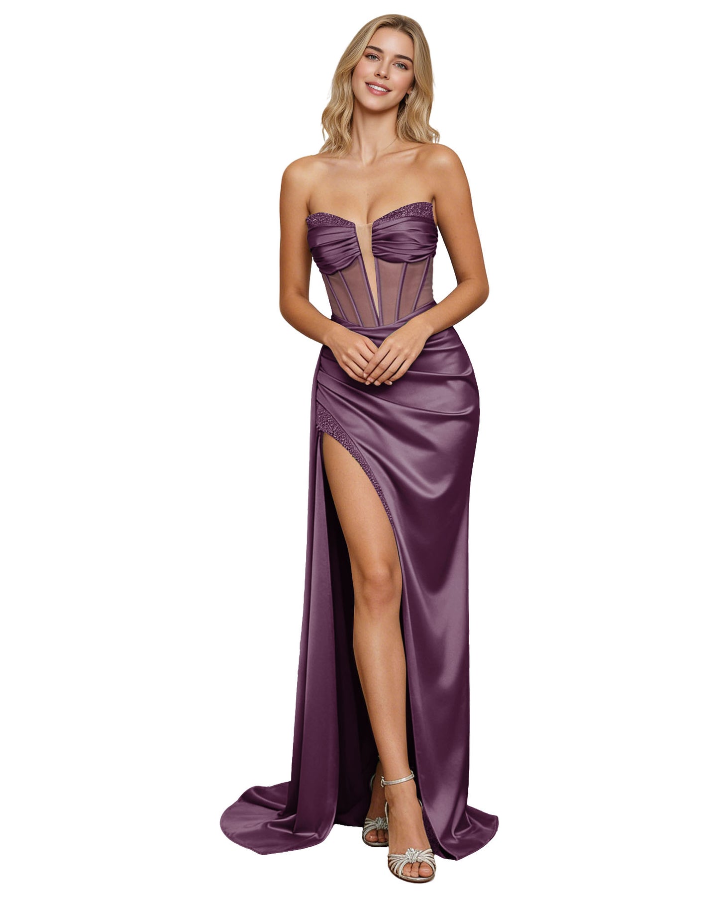 Strapless Draped Satin Mermaid Prom Dress with Corset Panels and Slit