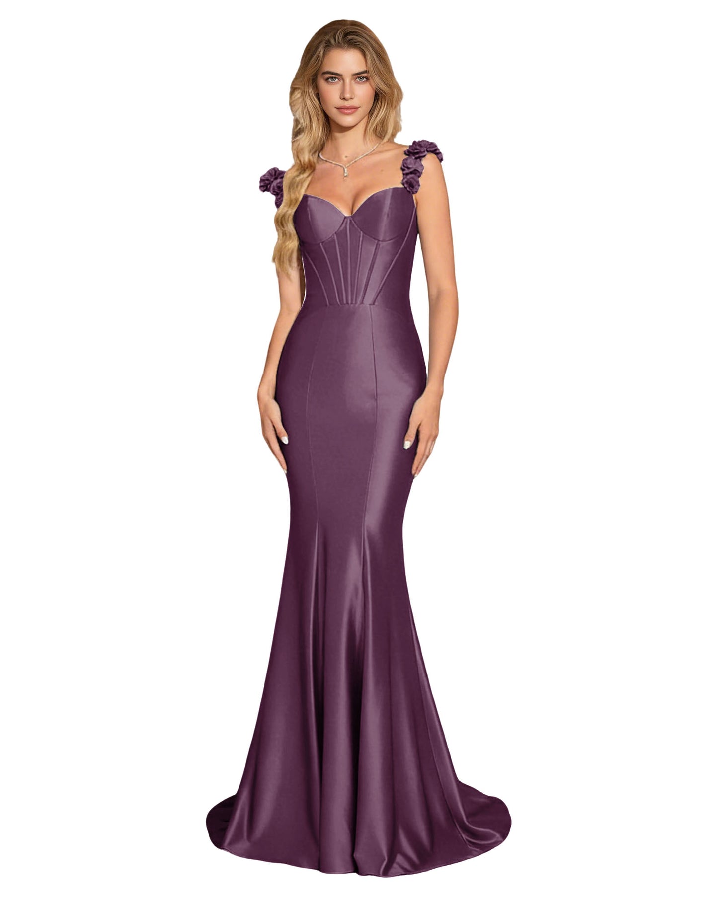 Floral Strap Satin Mermaid Prom Dress with Corset Bodice and Sweep Train