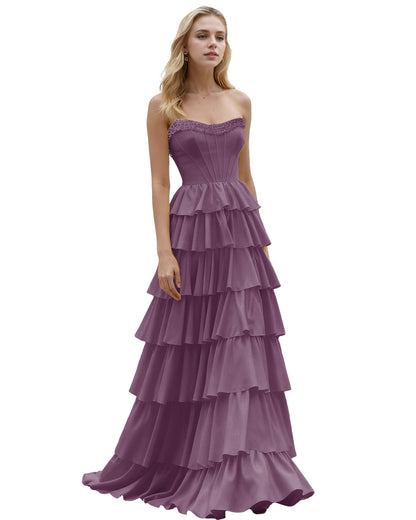 Strapless Tiered Ruffle A-Line Prom Dress with Corset Bodice
