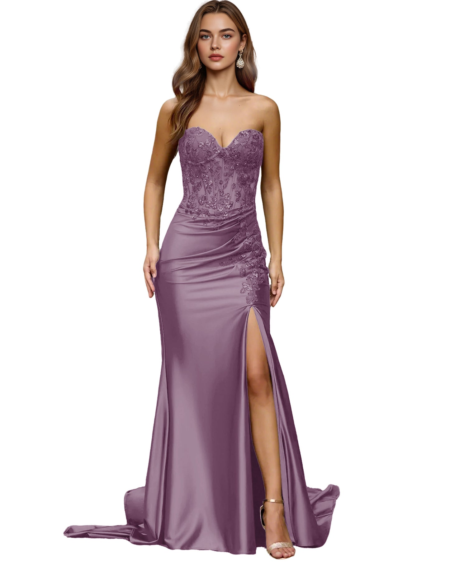 Strapless Emerald Satin Mermaid Prom Dress with Beaded Bodice and Slit
