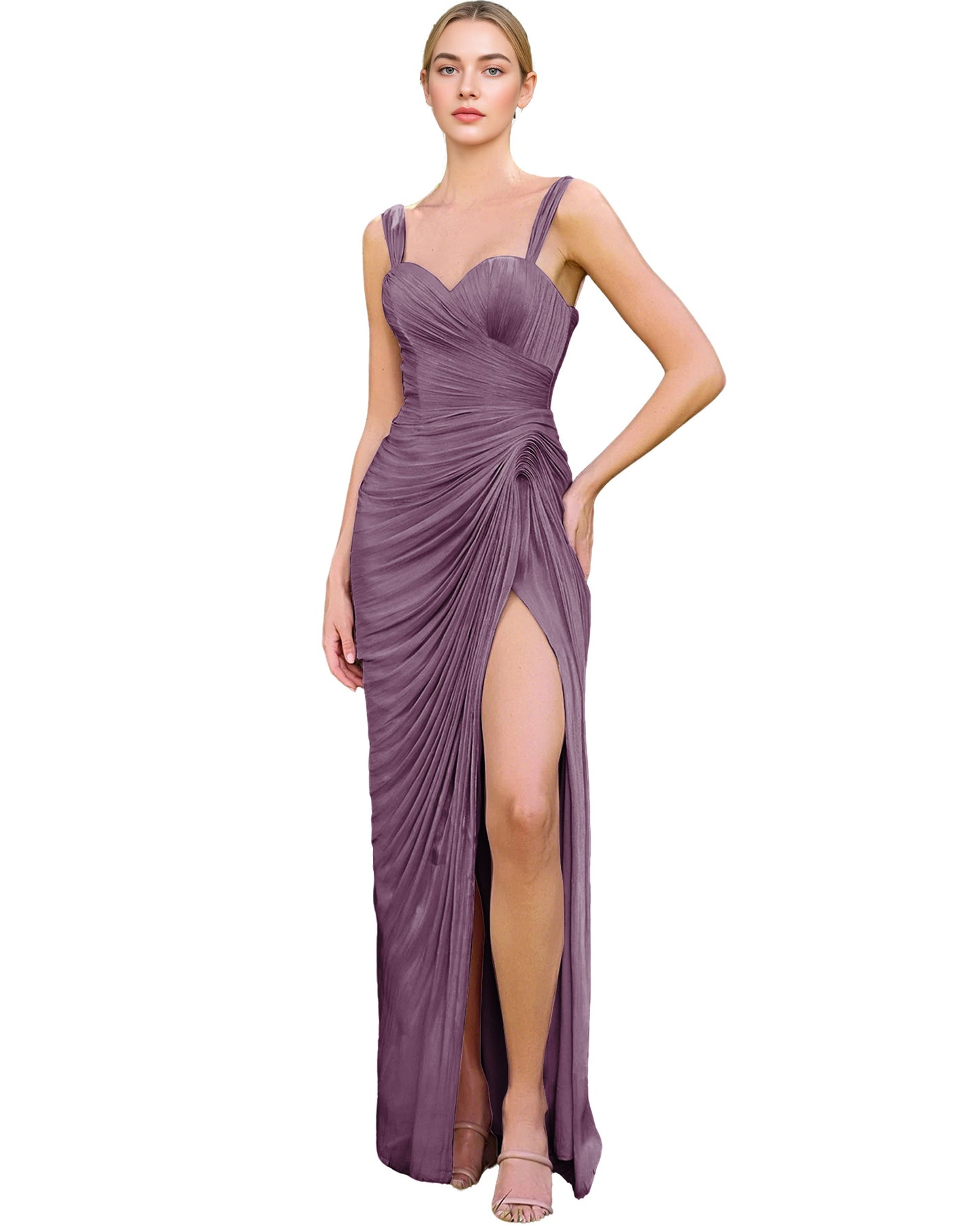 Spaghetti Strap Ruched Satin Sheath Prom Dress with Lace-Up Back and Slit