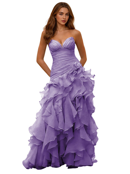 Strapless Organza Ruffle Ball Gown Prom Dress with Draped Corset Bodice
