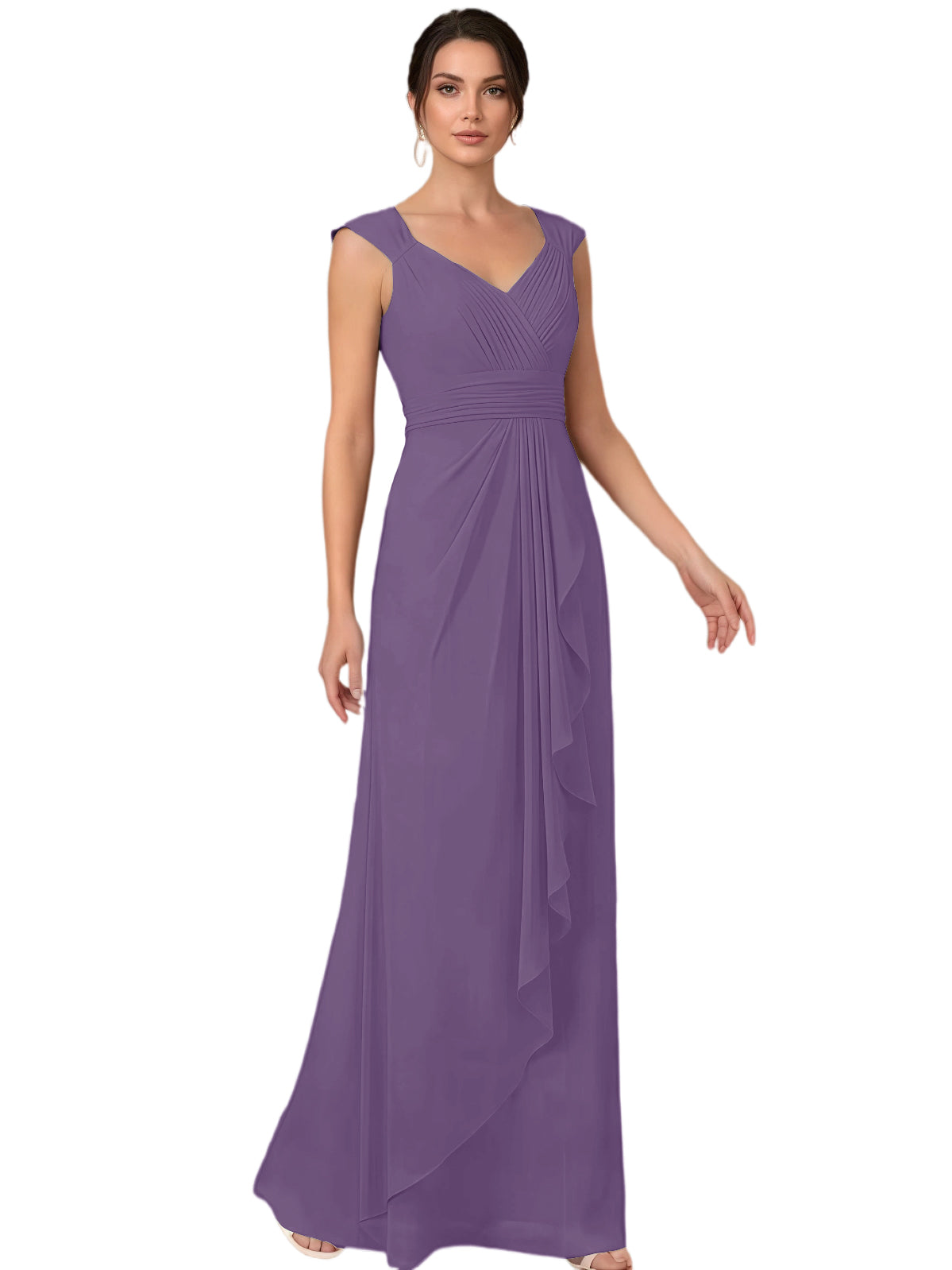 Mother of the Bride Dress Long Sleeveless V-Neck Chiffon Formal Gown with Ruffle Detail