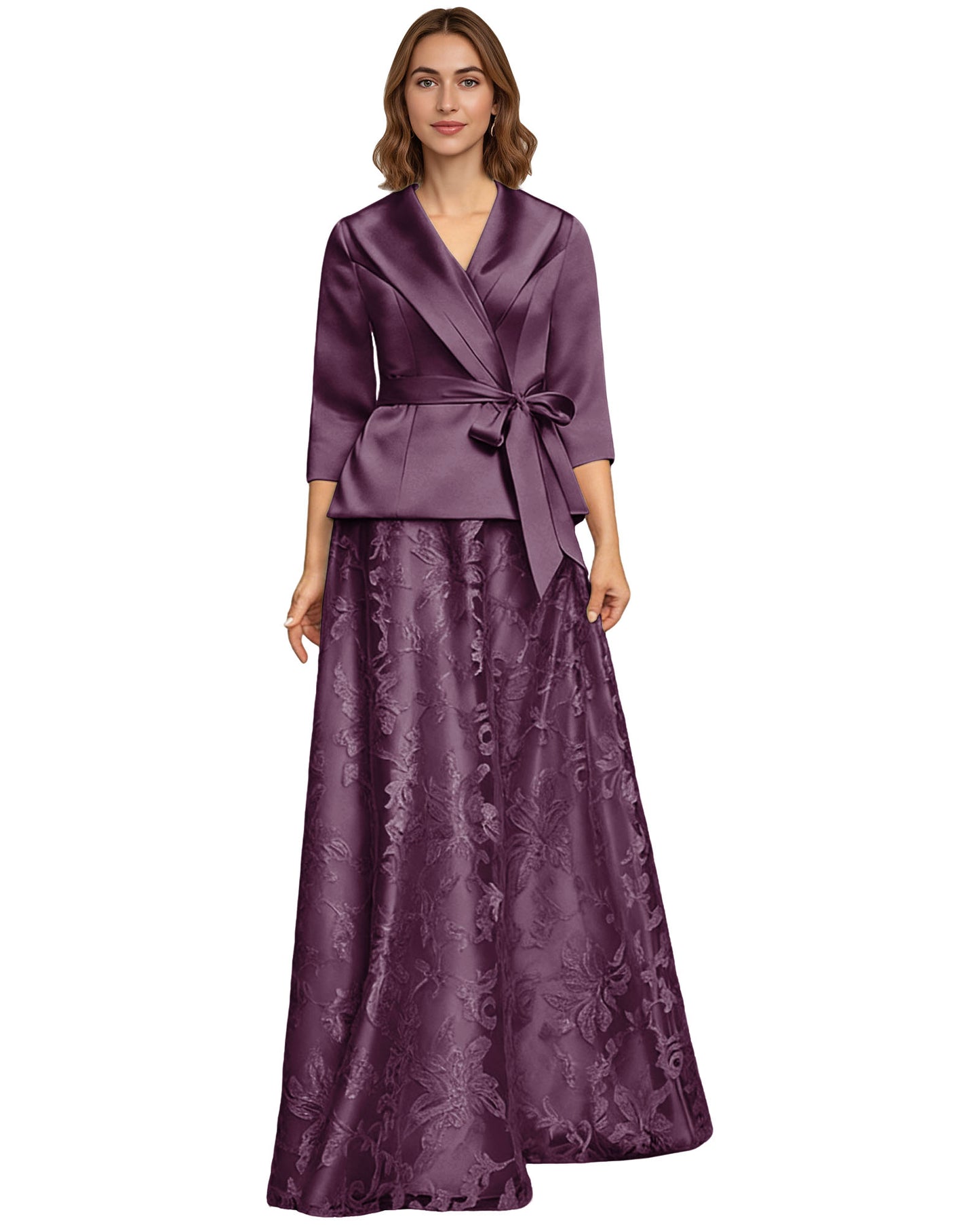 Two Piece Mother of the Bride Dress Satin Wrap Top Embroidered Long Skirt Formal Set