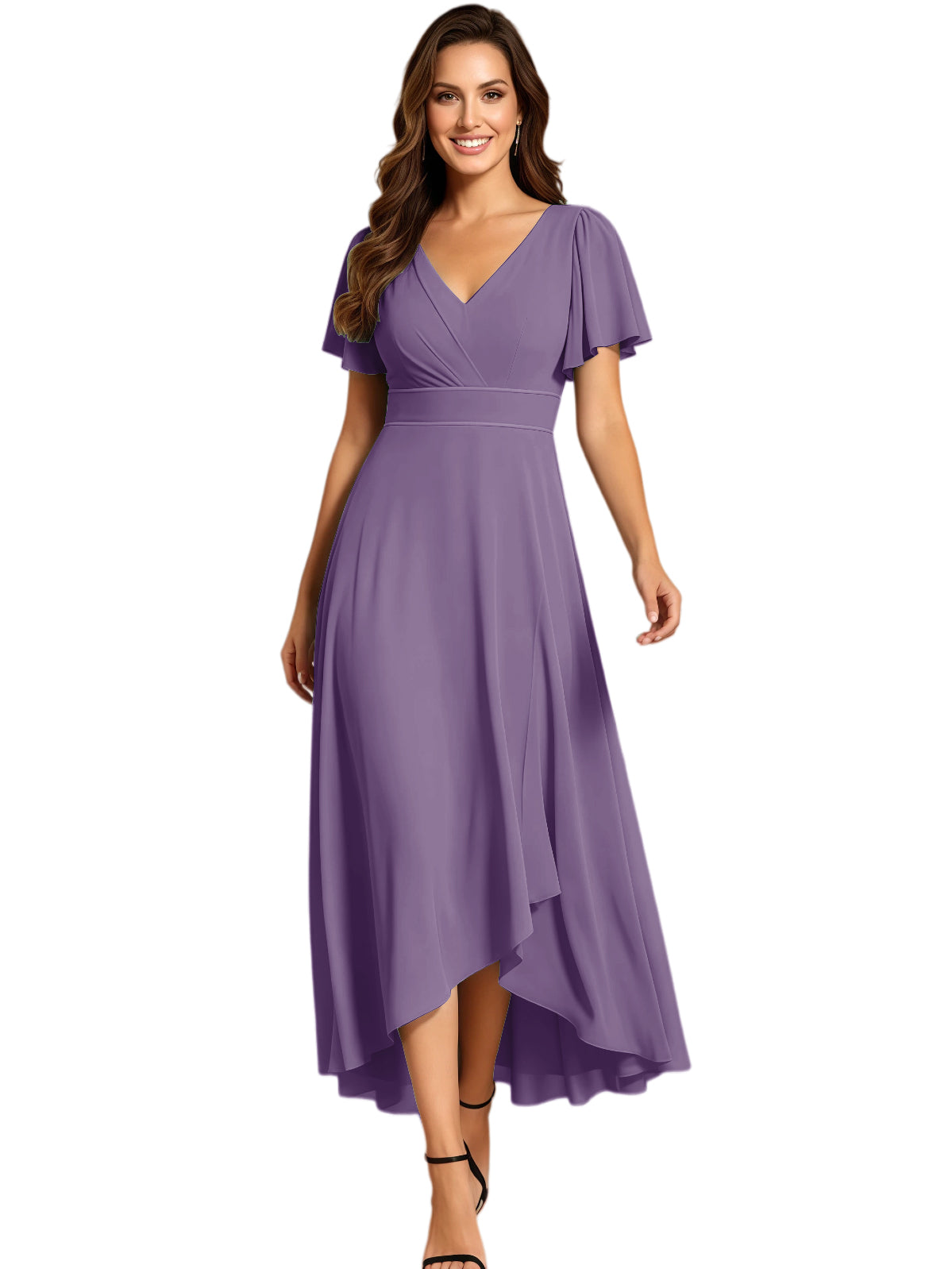 High Low Mother of the Bride Dress V-Neck Flutter Sleeve Chiffon Formal Gown