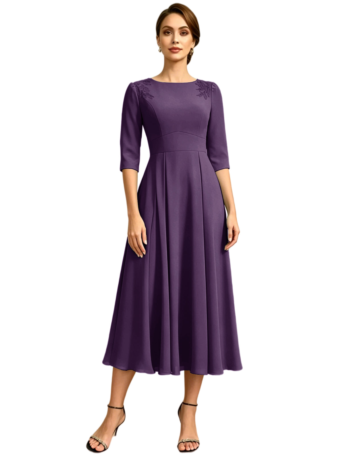 Tea Length Mother of the Bride Dress Jewel Neck Chiffon A-Line Formal Gown with Embroidery