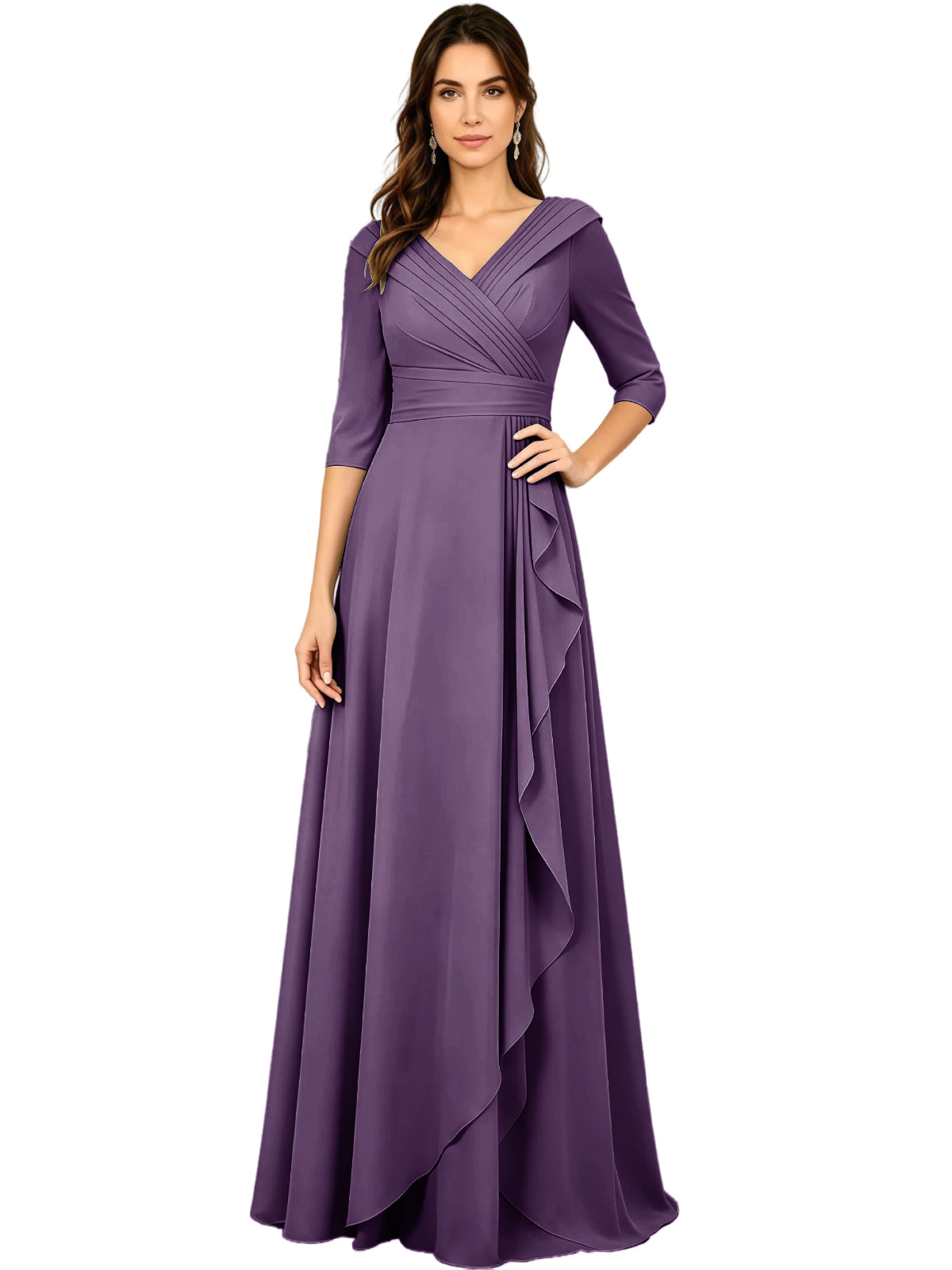 Long V-Neck Mother of the Bride Dress Chiffon Half Sleeve A-Line Gown with Side Ruffle