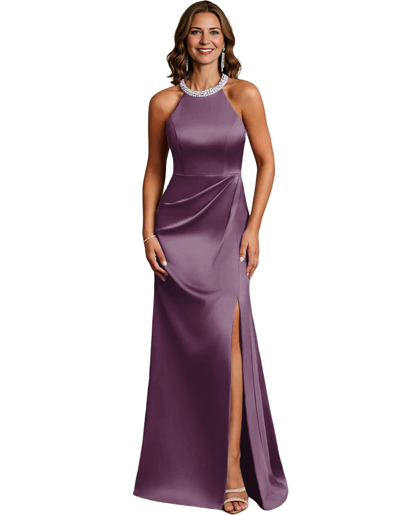 Halter Neck Mother of the Bride Dress Satin Mermaid Gown with Beaded Collar and Slit