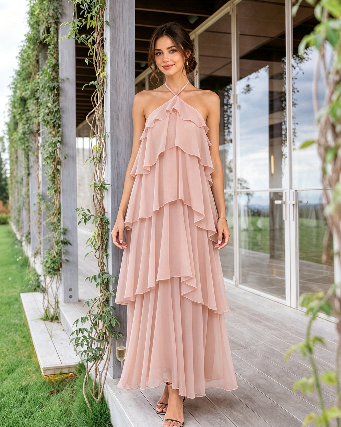 Halter Neck Tiered Chiffon Bridesmaid Dress with Ruffle Overlay