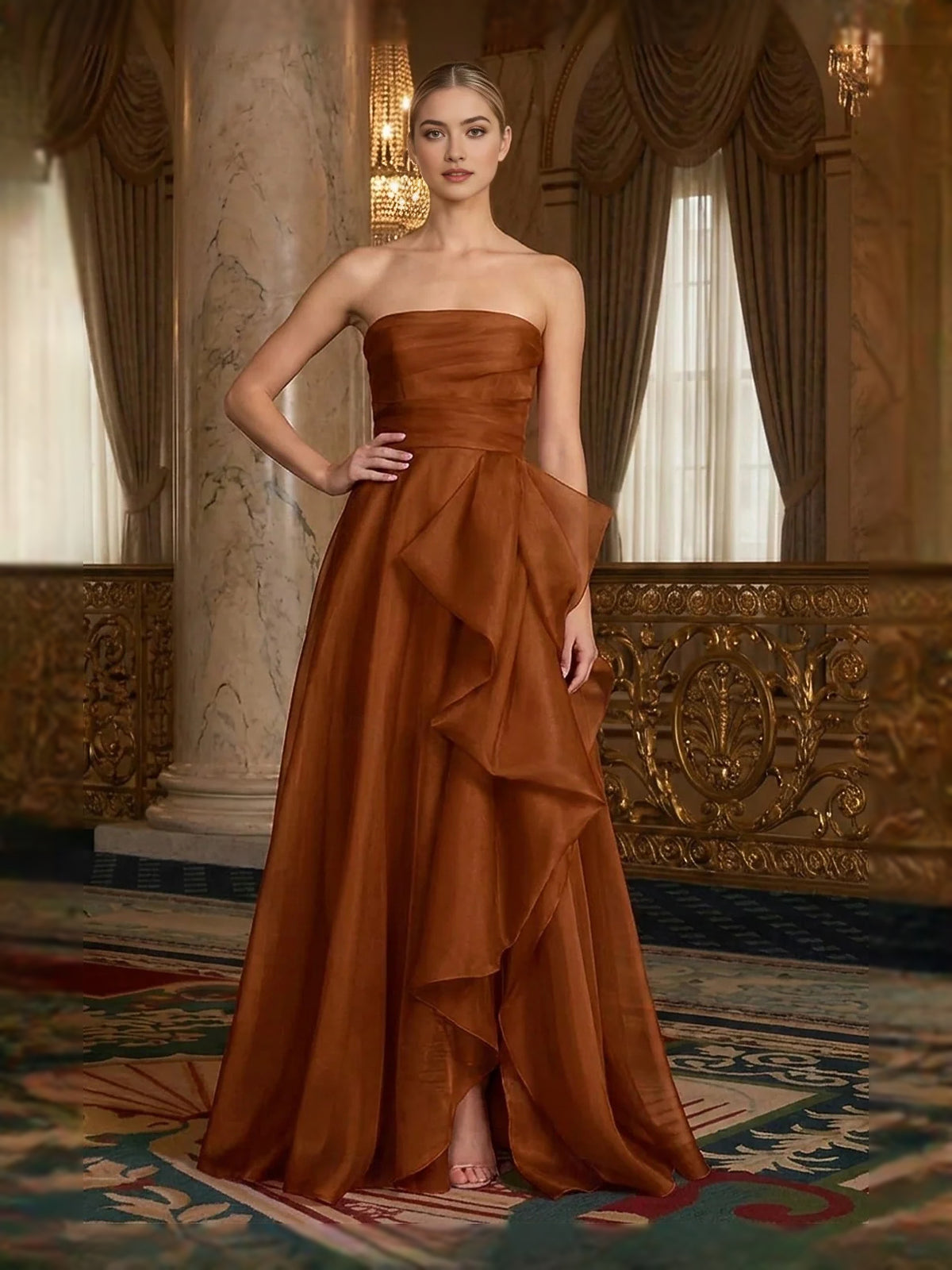 Back-Slit Layered Ruffled Slit Strapless A-Line Floor-Length Organza Prom Dress for Evening Ceremony