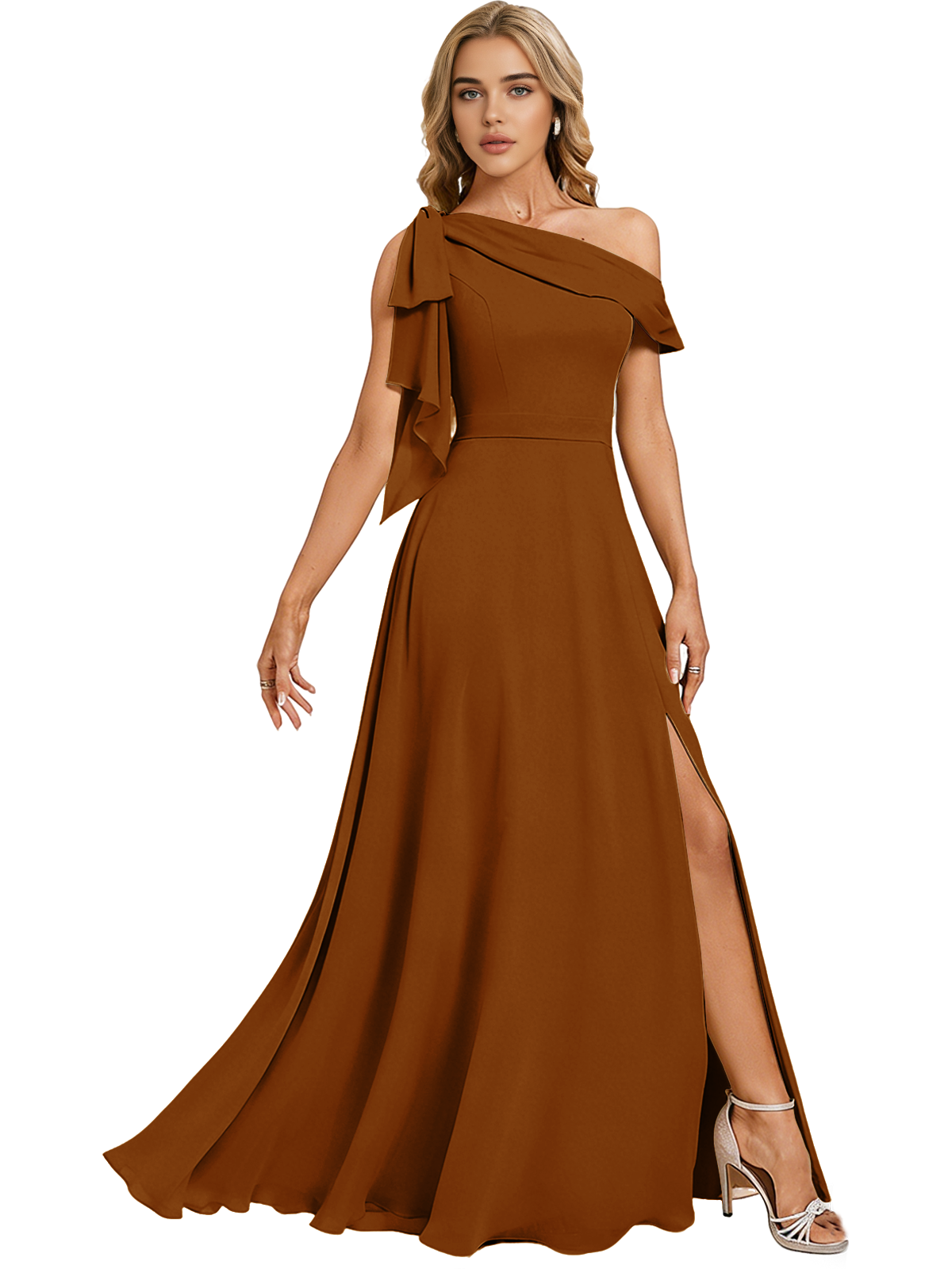 Asymmetric Off Shoulder Bridesmaid Dress with Draped Sleeve and Slit